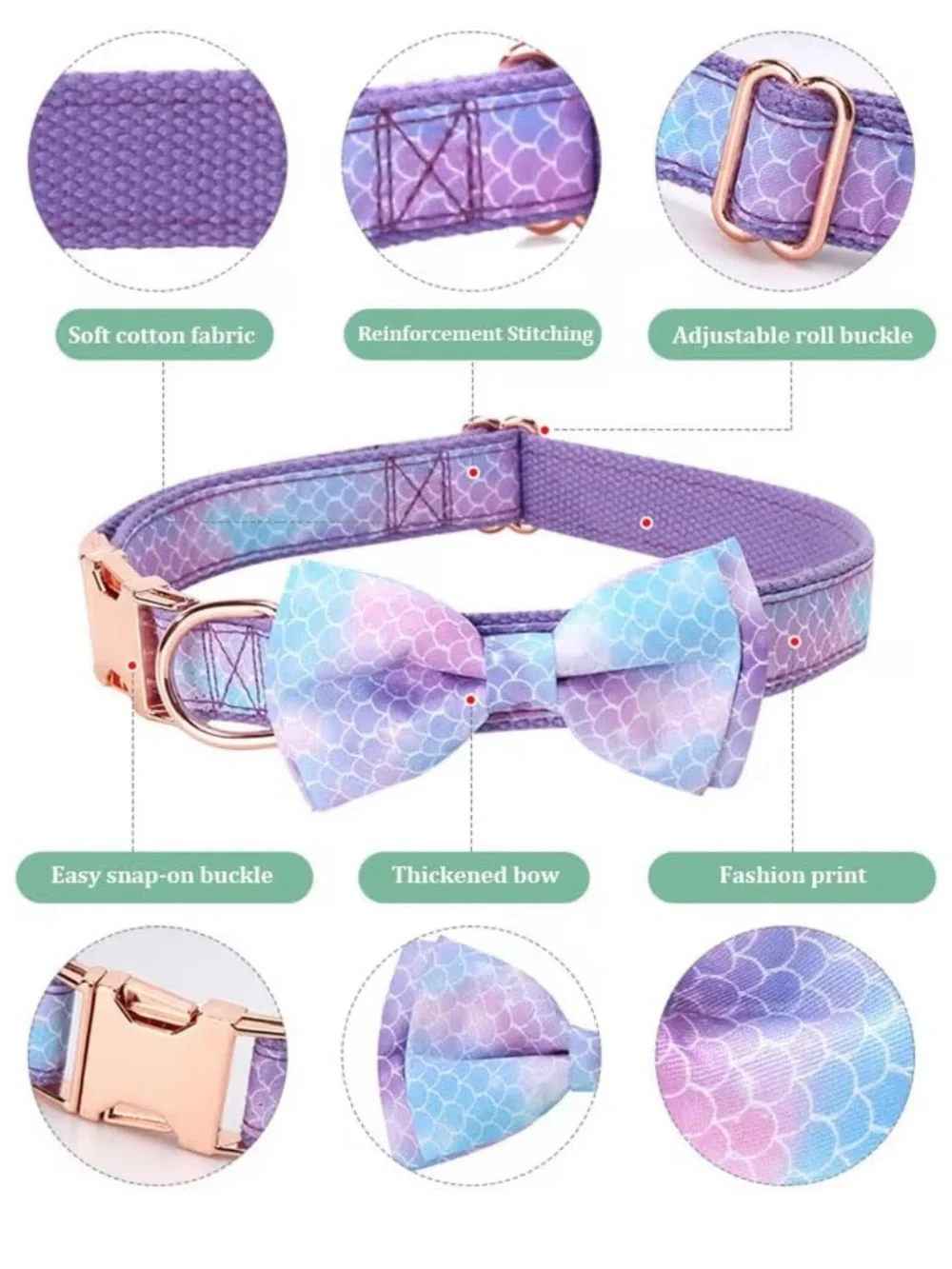 Purple Blue Iridescent Dog Collar with Bow Tie -